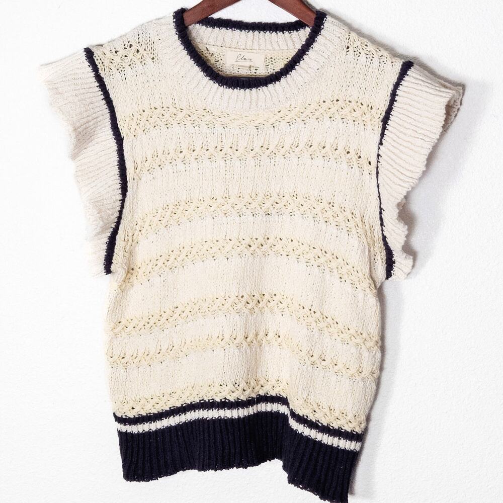 Elan Zaza Sleeveless Open Knit Sweater Cream Navy Trim Size L Coastal